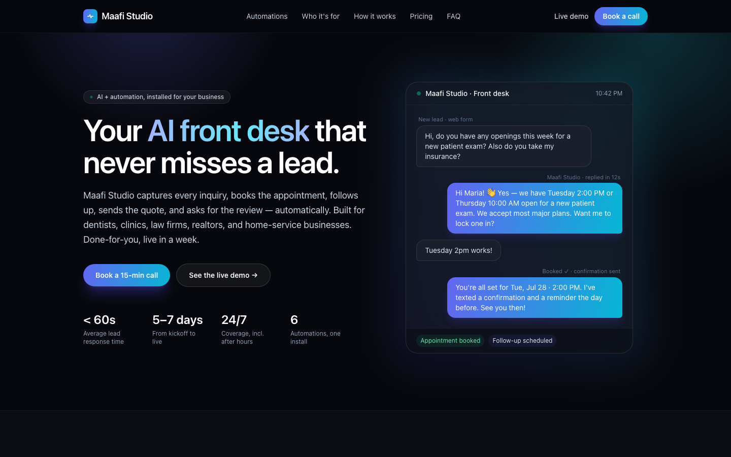 Maafi Studio landing page — AI front desk for local business